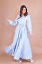 Baby Blue Double Breasted Collar Long Sleeve Buttoned Cuffed Long Length Belted Dress - 3