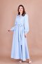 Baby Blue Double Breasted Collar Long Sleeve Buttoned Cuffed Long Length Belted Dress - 5