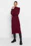 Stand Collar Claret Red Knitwear Dress - Faux Leather Belt Tctaw24Eb00030 - 3
