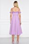 Atlas Fabric Adjustable Strap Ruffle Detailed Collar Pleated Flared Midi Lilac Evening Dress 421 - 4