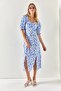 Women's Blue White Heart Collar Double Slit Woven Viscose Dress ELB-19001936 - 5