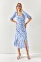 Women's Blue White Heart Collar Double Slit Woven Viscose Dress ELB-19001936 - 6