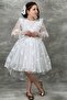 Girl's Butterfly Patterned White Dress with Transparent Detail and Tail