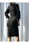 Women's Black, Women's Balloon Sleeve Double Breasted Lapel Crepe Fabric Midi Length Dress - 4