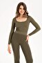 Women's Seamless Knitted Corded Long Sleeve Square Neck Crop Blouse 9010 - 5