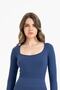 Women's Seamless Knitted Corded Long Sleeve Square Neck Crop Blouse 9010