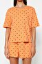 Turuncu-Çok Renkli %100 Pamuklu Puantiyeli ve Kalpli Şortlu Örme Pijama Takımı THMSS21PT1485 - 4