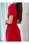 Women's Red, Crepe Fabric Midi Length Belted Dress - 3