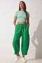 Women's Light Green Striped Cotton Knitted Crop T-Shirt CE00084 - 2