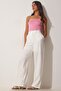 Women's White Velcro Closure Loose Linen Trousers BV00074 - 3