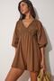 Women's Brown Guipure Detailed Summer Mini Linen Jumpsuit NO00016 - 4