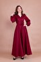 Burgundy Double-Breasted Collar Long Sleeve Buttoned Cuff Long Length Belted Dress