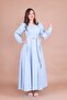 Baby Blue Double Breasted Collar Long Sleeve Buttoned Cuffed Long Length Belted Dress - 7