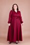Burgundy Double Breasted Collar Long Sleeve Buttoned Cuffed Long Length Belted Plus Size Dress - 3