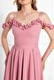 Atlas Fabric Adjustable Strap Ruffle Detailed Collar Pleated Flared Midi Dusty Rose Evening Dress 421 - 2