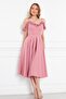 Atlas Fabric Adjustable Strap Ruffle Detailed Collar Pleated Flared Midi Dusty Rose Evening Dress 421 - 8
