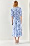 Women's Blue White Heart Collar Double Slit Woven Viscose Dress ELB-19001936 - 9