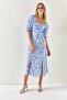Women's Blue White Heart Collar Double Slit Woven Viscose Dress ELB-19001936 - 2