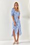Women's Blue White Heart Collar Double Slit Woven Viscose Dress ELB-19001936 - 3