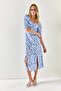 Women's Blue White Heart Collar Double Slit Woven Viscose Dress ELB-19001936 - 7