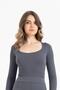 Women's Seamless Knitted Corded Long Sleeve Square Neck Crop Blouse 9010