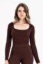 Women's Seamless Knitted Corded Long Sleeve Square Neck Crop Blouse 9010