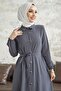 Linny Buttoned Shirt Collar Abaya - Anthracite - 2