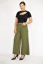 Women's Khaki Large Size Aerobin Fabric Elastic Waist Wide Leg Trousers 65n36530