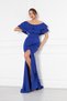 Sax Blue Boat Neck Ruffle Detail Stretch Fabric Off Shoulder Maxi Length Evening Dress Fish Dress - 7