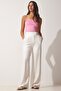 Women's White Velcro Closure Loose Linen Trousers BV00074