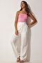 Women's White Velcro Closure Loose Linen Trousers BV00074 - 5