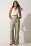 Women's Green Velcro Closure Loose Linen Trousers BV00074