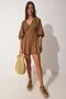 Women's Brown Guipure Detailed Summer Mini Linen Jumpsuit NO00016