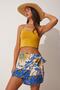 Women's Blue Beige Patterned Tied Mini Viscose Skirt FN03063