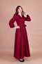 Burgundy Double-Breasted Collar Long Sleeve Buttoned Cuff Long Length Belted Dress - 3