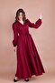 Burgundy Double-Breasted Collar Long Sleeve Buttoned Cuff Long Length Belted Dress - 5