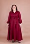 Burgundy Double Breasted Collar Long Sleeve Buttoned Cuffed Long Length Belted Plus Size Dress - 2