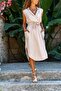 Women's Beige Double Breasted Jacket Collar Pocket Belted Airobin Dress Gk-Bst2881