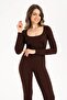 Women's Seamless Knitted Corded Long Sleeve Square Neck Crop Blouse 9010 - 6