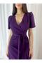   Women's Double Breasted Collar Midi Length Belted Crepe Dress 120 Cm - 6