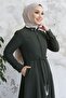 Sivya Collar Button Belt Knitted Abaya - Khaki - 2