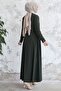 Sivya Collar Button Belt Knitted Abaya - Khaki - 5