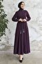 Sivya Collar Button Sash Knitted Abaya - Plum