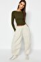 Khaki Deep Backless Fitted Cotton Stretchy Knitted Blouse TWOAW24BZ00173 - 5