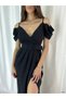 Women's Black Shoulder Detailed Belted Front Slit Detailed Imported Crepe Fabric Evening Dress - 2