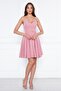 Dried Rose Back Rope Tied Woven Fabric Flared Pleated Mini Evening Dress - 5
