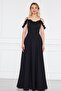 Atlas Fabric Adjustable Strap Ruffle Detailed Collar Pleated Flared Maxi Black Evening Dress 421