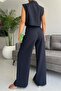 Front Pleated Striped Trousers Navy Blue - 4