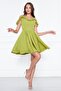 Women's Hanging Neck Boat Ruffle Detail Woven Fabric Pleated Mini Flared Evening Dress - 3