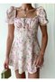 Light Yellow Dress with Tie-Neck Collar and Rose Pattern - 3